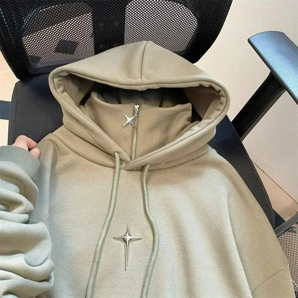 saferido American Style Retro Design Sense Four Pointed Star High Collar Hooded Sweater for Men and Women Trend Winter Thick Top Coat