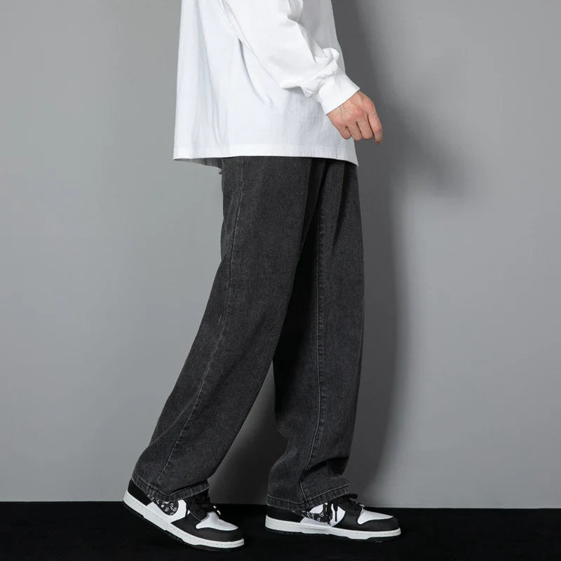 saferido New Korean Men's Casual Long Jeans Classic Man Straight Denim Wide-leg Pants Solid Color Light Blue Grey Black 3XL