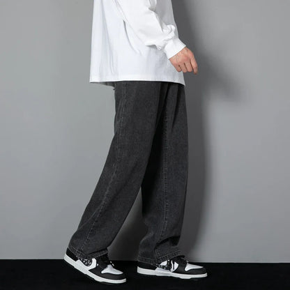 saferido New Korean Men's Casual Long Jeans Classic Man Straight Denim Wide-leg Pants Solid Color Light Blue Grey Black 3XL