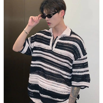 saferido American retro striped contrasting knitted polo shirt loose summer new style lapel casual short sleeved men and women T-shirt
