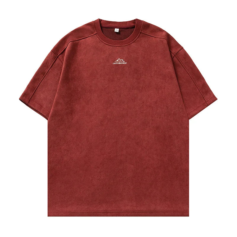 saferido Brand Suede Short Sleeve T-shirts Man 2024 Spring Spring New Baggy Embroidery O Neck T Shirt Man Fashion Male Clothes