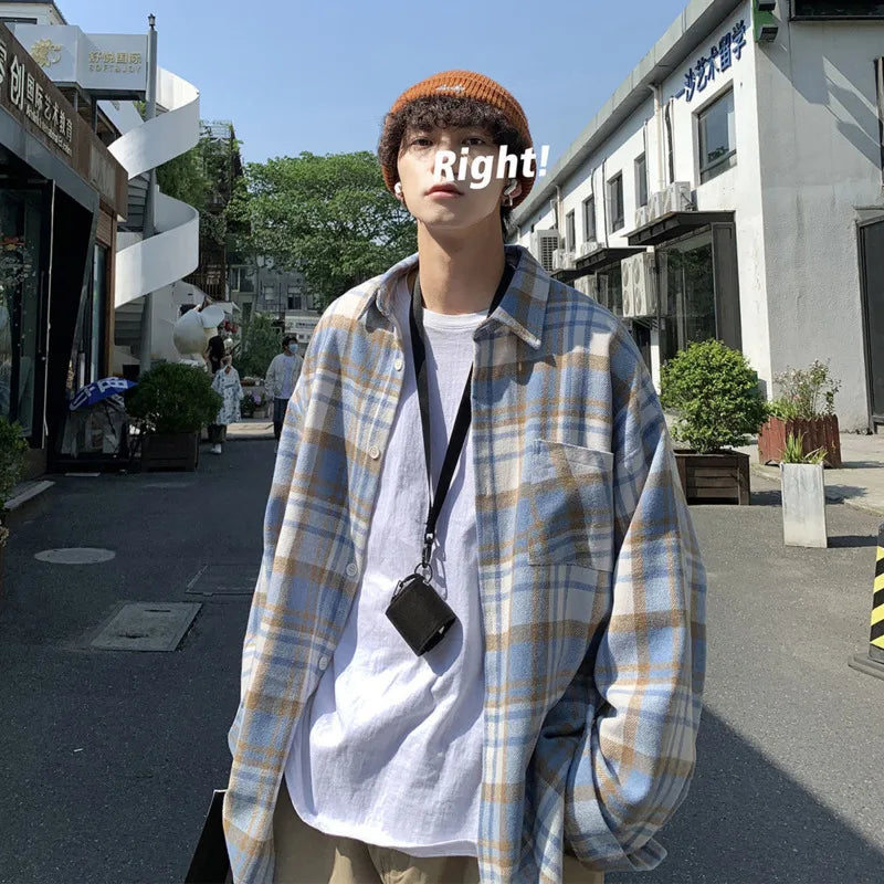 saferido Autumn Thick Woolen Shirt Men Fashion Retro Casual Oversized Plaid Shirts Mens Korean Blue/Green Loose Long-sleeved Shirt Men