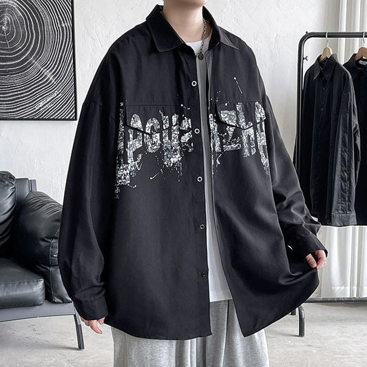 Letter Printed Men Shirts Streetwear Oversize Male Blouses Spring Autumn All-match Long Sleeve Cardigan Tops