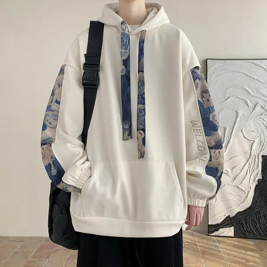 saferido Korean Style Streetwear Men Hooded Sweatshirt Trendy Side Embroidery Design Loose Hoodie Casual Drawstring Hoodies