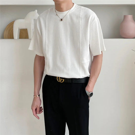 Summer New Luxury T Shirts Men Short Sleeve O-neck Cool Texture Korean Style Loose Casual solid color Bottoming T-shirt Men