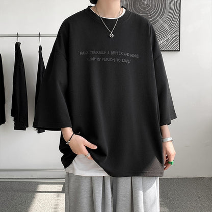 Men Summer Vintage T Shirts Letter Graphic Harajuku Casual Tshirt For Male  New Oversize Man Tees Three Quarter Tops