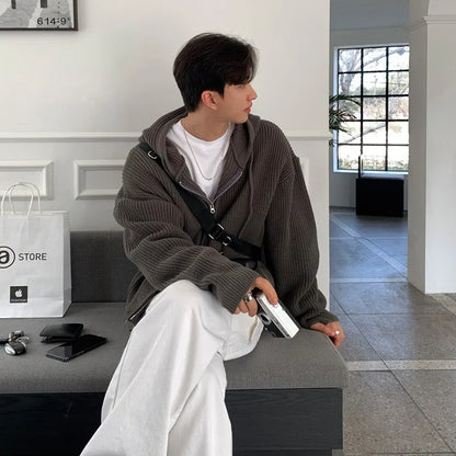 Autumn Clothing Men's Light Luxury Knitted Hooded Cardigan Sweater Korean Vintage Popular Zipper Long Sleeve Hoodie Knitwear