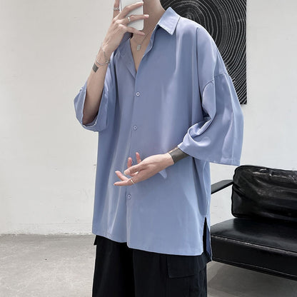 Half Sleeve Men Solid Shirts Summer Casual Oversize Blouses White Fashion Male Cardigan Vintage Korean Clothing
