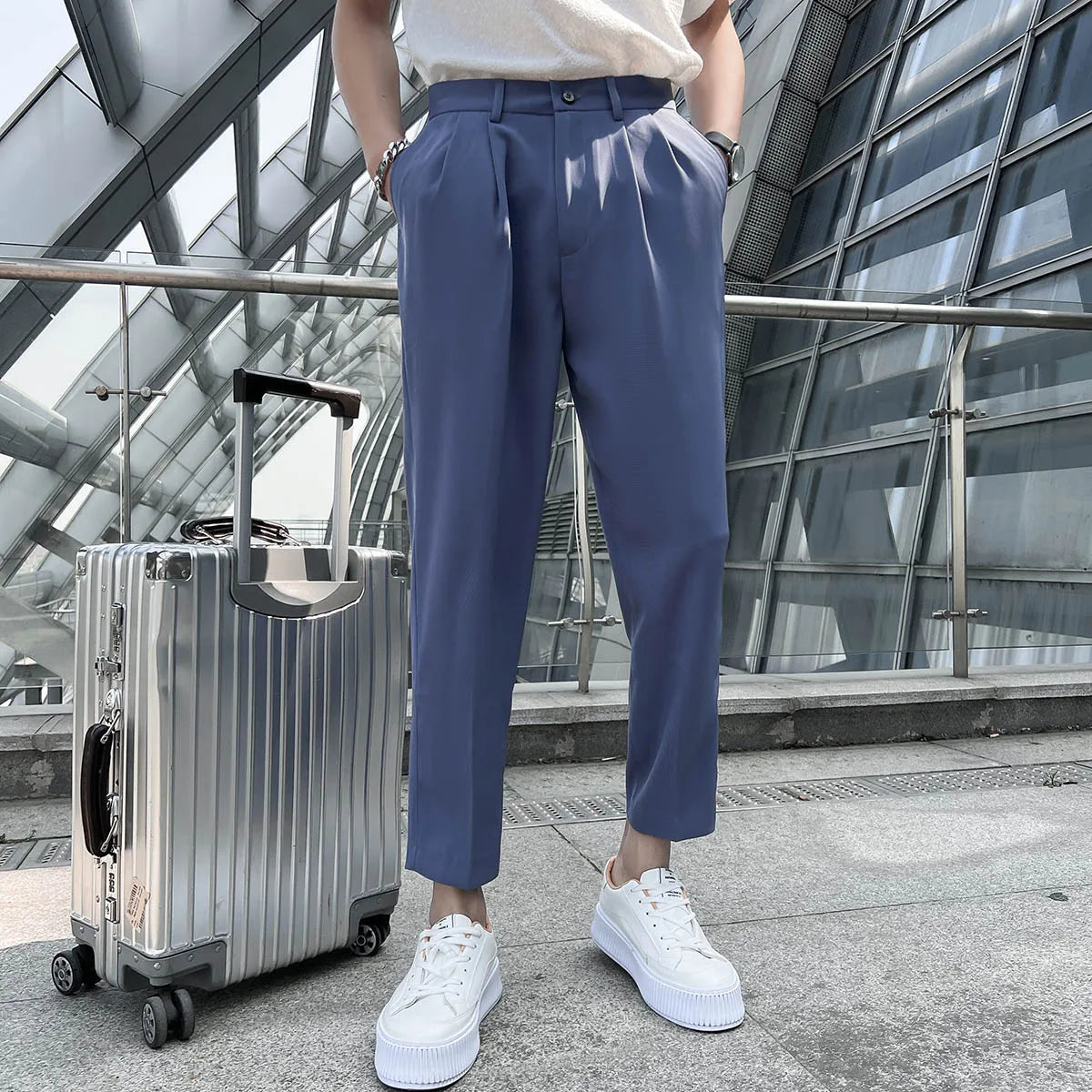 saferido Korean Business Solid Color Stretch Trousers Casual Pants Black Grey Mens Pants Office Trousers Men Tight-ankle Hombre 36