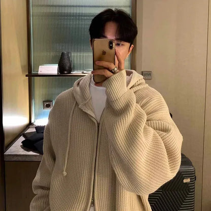 Autumn Clothing Men's Light Luxury Knitted Hooded Cardigan Sweater Korean Vintage Popular Zipper Long Sleeve Hoodie Knitwear