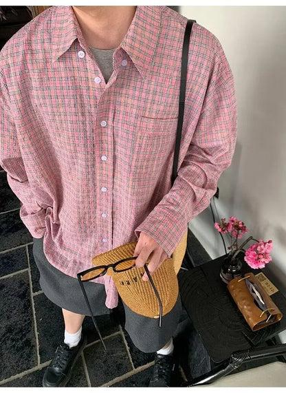 saferido Pink Plaid Shirts Men American High Street Vintage All-match Teens Streetwear Teens Couples Baggy Summer Autumn Y2k Tops Chic