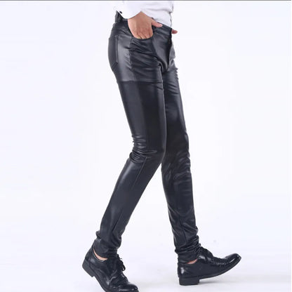 saferido Men's Leather Pants Spring Autumn Slim Fit Elastic Style Male Fashion PU Leather Trousers Moto Pants Solid Color Casual Bottoms