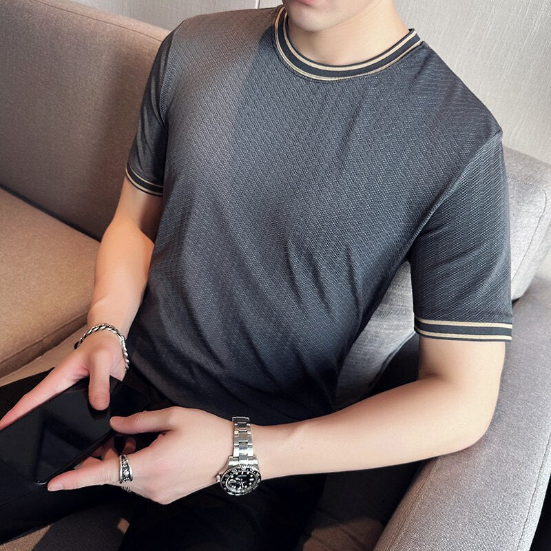 British style Men's summer casual short sleeves Jacquard ice silk T-shirt/Male slim fit Round neck fashion T-shirts S-4XL