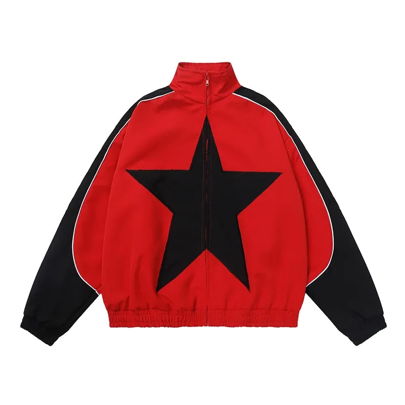 Spring Bomber Jacket Men Women Vintage Star Pattern Harajuku Y2k Windbreaker Coat Streetwear Zipper Patchwork Outerwear Unisex