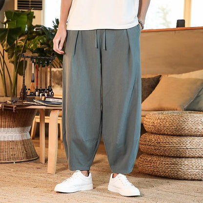 Loose Men's Cotton Linen Pants Summer Solid Color Breathable Linen Trousers Male Casual Elastic Waist Fitness Pants Plus Size