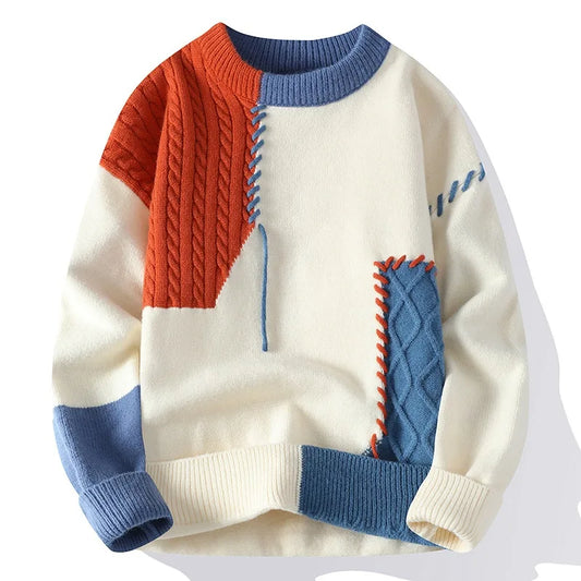 Man Panelled O-neck Jumper Autumn Winter Korean Simple Casual Streetwear Warm Knitted Ribbed Sweater Male Fashion Pullover
