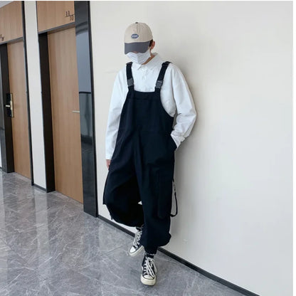 saferido Suspenders Jumpsuit Pants Men Summer Overalls Japanese Loose Straps Casual Pockets Unisex Oversize Streetwear Solid Man Clothing
