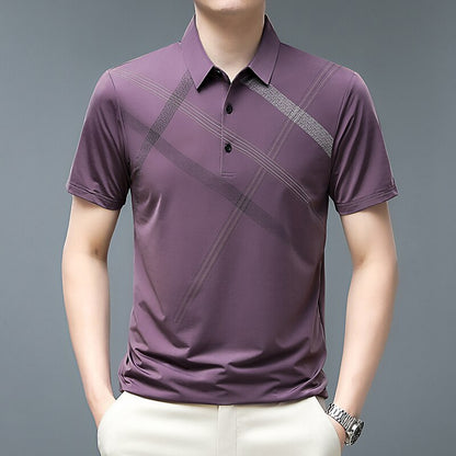 Men T Shirt Business Casual Striped Print Regular Fit Summer T Shirts for Men Turn-Down Collar Short Sleeve Men Tees Tops