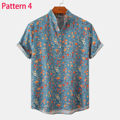 Summer New Short Sleeve Floral Hawaiian Shirt Men Half Placket Collar Beach Shirt Men Casual Holiday Vacation Clothing 3XL
