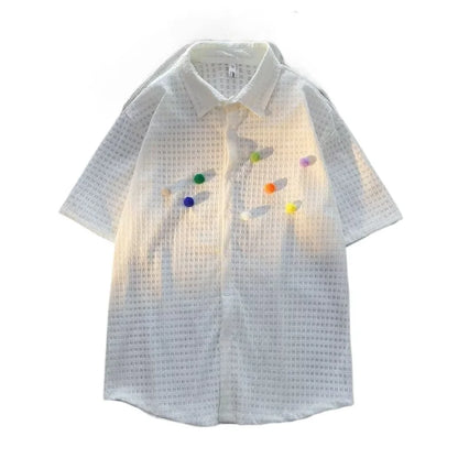 saferido Summer Men's Shirts New Chic Hollow Out Turn-down Collar High Street Youthful Popular Short Sleeve Japanese Harajuku Beach Style