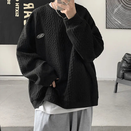 Korean Men Harajuku Sweatshirts Hip Hop Solid Color Basic O Neck Oversized Pullovers Autumn Fashion Casual Long Sleeve Tops