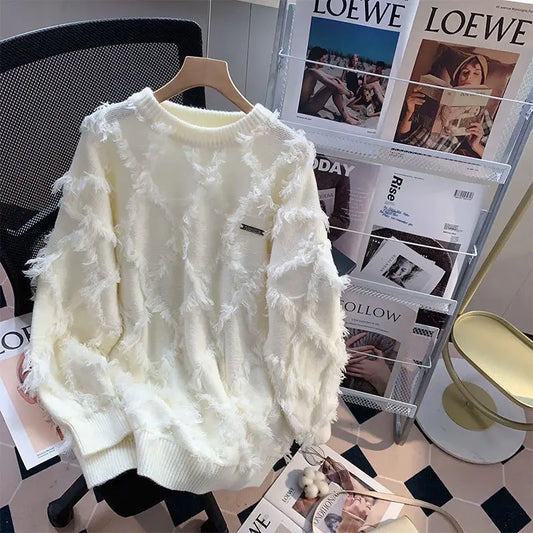 saferido  Hip Hop Sweater American Vintage Tassel Ragged Knit Sweater Sweater Men's High Street Fashion Design Sense Small Outlets