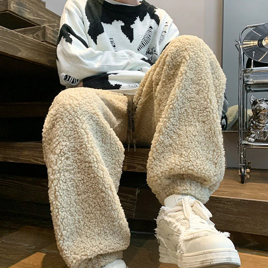 saferido Winter Thickened Pants Men Warm Fashion Retro Lamb Wool Pants Men Oversized Streetwear Loose Straight Pants Mens Thick Trousers
