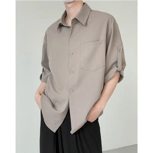 England Niche Design Sense Silky Short-sleeved Hawaiian Shirt for Men Summer Thin Shirt Solid Color Lapel Button Oversize Shirt