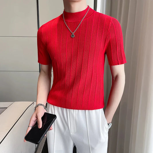 saferido  Korean style Tees Men Summer Casual Knit T-shirts/Male slim fit stripe High neck knitting T-shirt 4XL