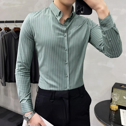 saferido British Style Striped Shirts Mens Long Sleeve Business Formal Dress Shirt Casual Slim Fit Shirt Streetwear Social Party Clothing