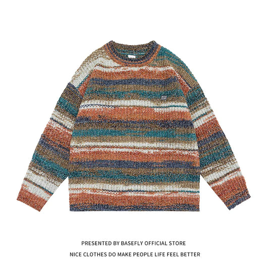 Autumn Winter Stripe Rainbow Color High Streetwear Hip Hop Men Sweater Shirt Unisex Couple Women Sweatshirt Pullover Casual Chic