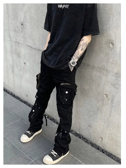 saferido Street Strap Speckled Ink Pocket Stereoscopic Cut Micro Horn Workwear Pants Hip Hop High Street Punk y2k streetwear Stacked Casual Pants