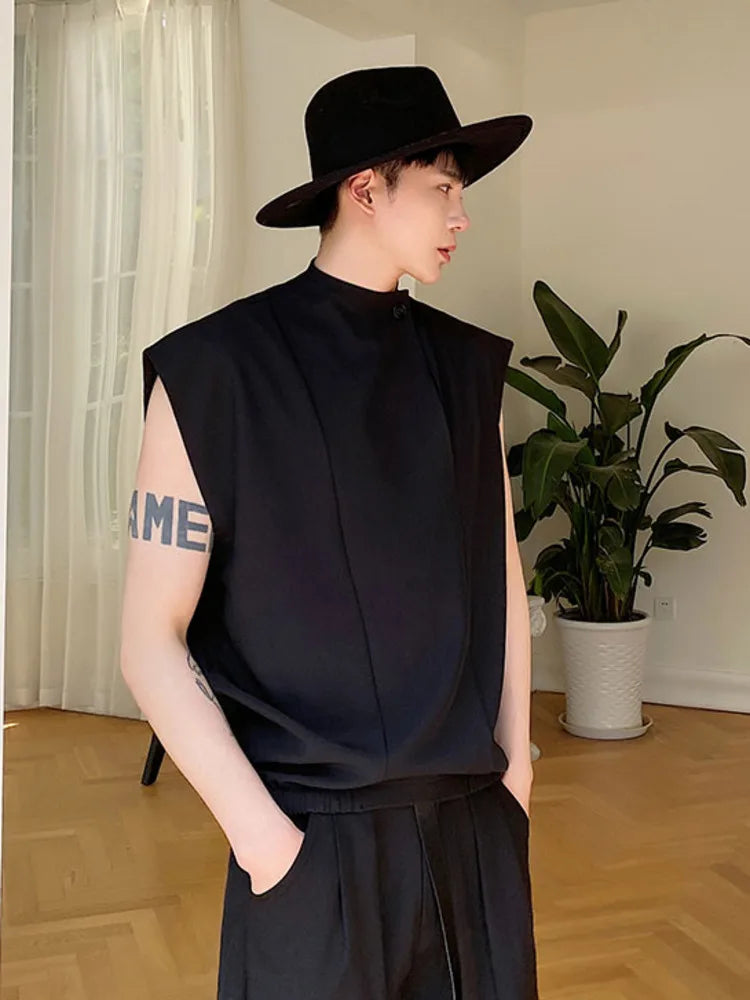 Men Clothing Spring Summer Stand Collar Design Sleeveless Short Vests Pullover Vest Shirt Fashion Tops For Male