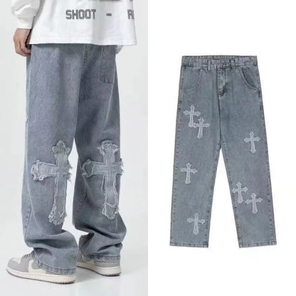 Streetwear Hip Hop Low Rise Baggy Jeans For Men Korean Y2k Fashion Trousers Cross Denim Pants Women Cargo Pants Punk Clothes
