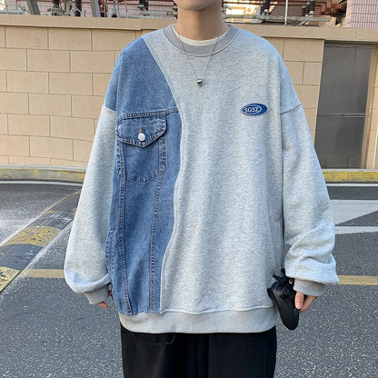 Denim Patchwork Sweatshirt for Men New Autumn Korean Fashion Loose Casual Round Neck Long Sleeve Harajuku Sweatshirt