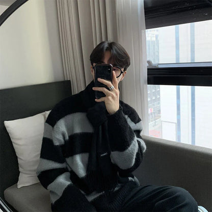 Men's Knitted Light Luxury Pullover Sweater Men Casual Striped Vintage Loose O Neck Solid Color Long Sleeve Streetwear Knitwear