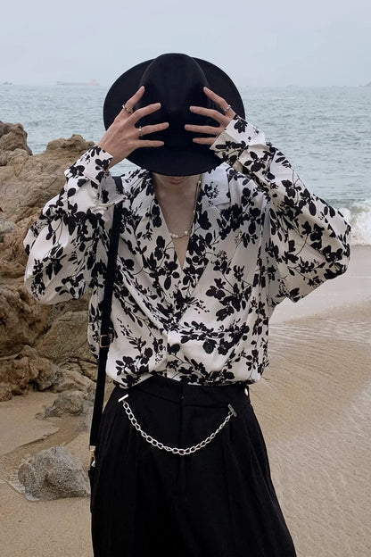 saferido Fashion Korean Spring New Long Sleeve Men Shirt Loose Casual Personality Print Turn-down Collar Pocket Simple Shirts