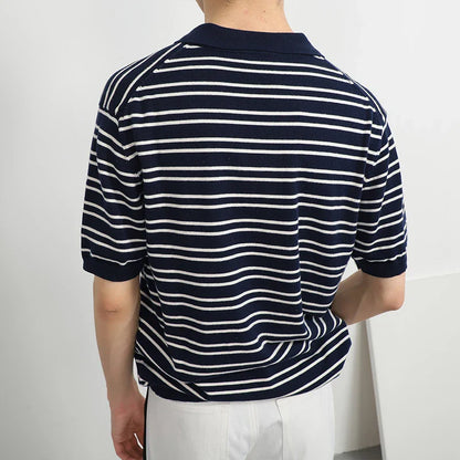 Summer Men's Clothing Light Luxury Knitted Polo Shirt Leisure Striped V-Neck Solid Color Short Sleeve Fashion Retro Knitwear