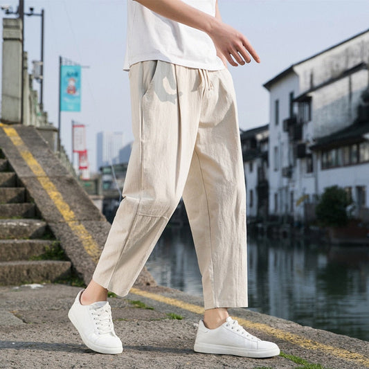Fashion Men's Pants Solid Color Breathable Sports Pants Drawstring Casual Outdoor Daily Linen Pants