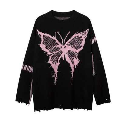 saferido High Street Trendy Men Sweater Dark Butterfly Jacquard Round Neck Pullover with Hole in The Bottom Hem Knitwear Spring Autumn