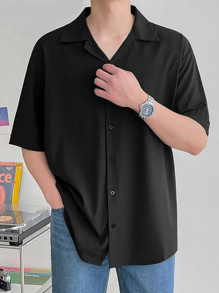 Men Casual Shirt Lapel Short Sleeve Button Streetwear Summer Men Clothing Solid Color Korean Fashion Shirts S-5XL