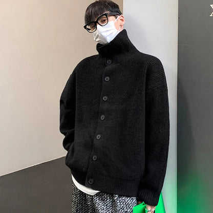 Winter Clothing Men's Luxury Knitted Jacquard Turtleneck Cardigan Sweatercoat Long Sleeve Casual Buttons Solid Color Coat
