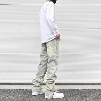 Streetwear Vibe Vintage Distressed Washed Trousers Jeans Yellow Mud Dyed Zipper Split Straight Jeans Men's and Women's Clothing