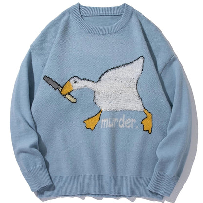Men Harajuku Sweater Cartoon Spoof Goose Print Pullover Casual O-neck Knitted Top Hip Hop Loose Sweater Couple Streetwear Fall