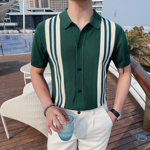 Summer High Quality Casual Knitting Stripe Polo Shirts/Male Slim Fit Fashion Knitted short sleeve polo shirts S-4XL