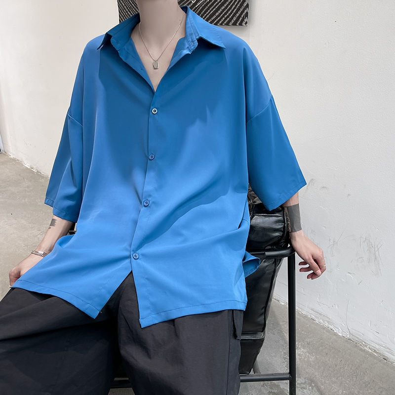 Summer Men Shirt Short Sleeve Solid Color Shirts For Man Vintage Harajuku Casual Oversized Blouses Fashion Men's Clothing