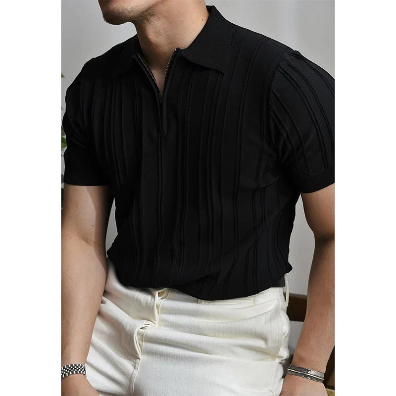 Summer Men's Clothing Light Luxury Zipper Polo Shirt Korean Solid Color Short Sleeve Retro Fashion Streetwear Leisure Knitwear