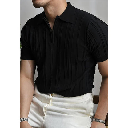 Summer Men's Clothing Light Luxury Zipper Polo Shirt Korean Solid Color Short Sleeve Retro Fashion Streetwear Leisure Knitwear