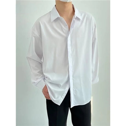 New Arrival Klein Blue Shirt Men Long Sleeve Concealed Button Lapel Summer Thin Casual Loose Solid Color Ice Silk Shirt Men