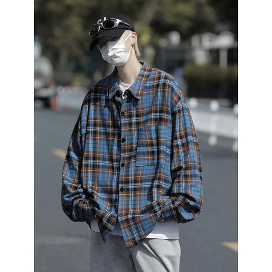 saferido Autumn Long Sleeved Shirt Men Oversized Fashion Retro Plaid Shirt Men Streetwear Loose Casual Shirt Mens Vintage Shirts M-3XL
